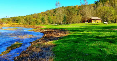 Forested hills and a large grassy area border a scenic creek at an Airbnb in Iowa.