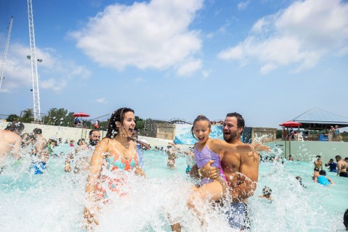 Lots of people splashing in the wave pool at Mt Olympus