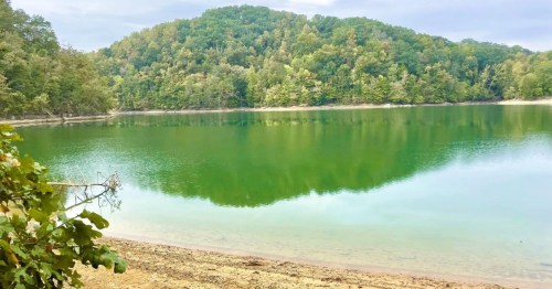 Views of the calm green waters of a lake, surrounded by greenery at Big Ridge State Park in TN.