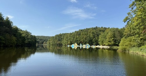 A lake and inflatable course at a state park in West Virginia.