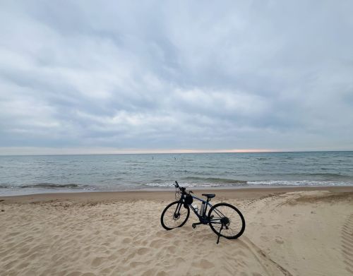 A bike on a sandy beach with water in the background.