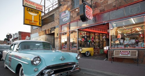 A retro car parked in downtown Williams, Arizona