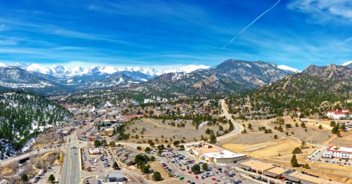 An aerial view of Estes Park, Colorado, on a summer day.