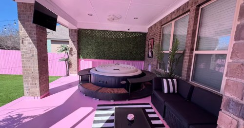 Pink hot tub and decor make this Barbie Movie inspired Airbnb a dream for fans