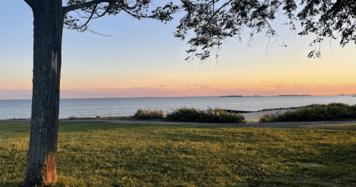 A grassy park facing a waterfront at sunset at Sherwood Forest State Park in CT.