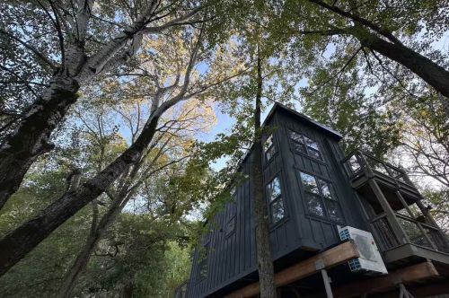 A large and modern black treehouse in the forest.