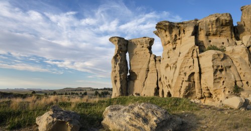 Sandstone pillars rise up out of the ground at Medicine Rocks State Park, a quiet Montana state park.