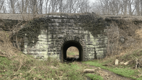 An old stone bridge with a tunnel in it, covered with moss underneath a rail line.