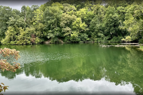 A body of water and green trees along the Chupacabra Trail in Kansas.