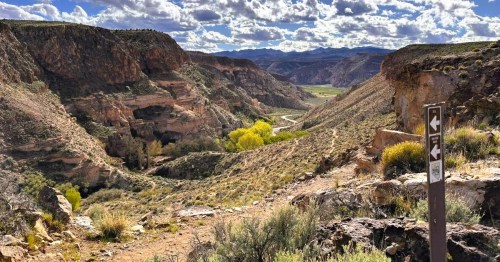 View of a canyon with rocky terrain, greenery, and a winding biking trail in the valley, at Kershaw-Ryan State Park in NV.