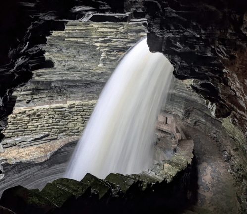 Waterfall in a rocky cavern in Watkins Glen State Park