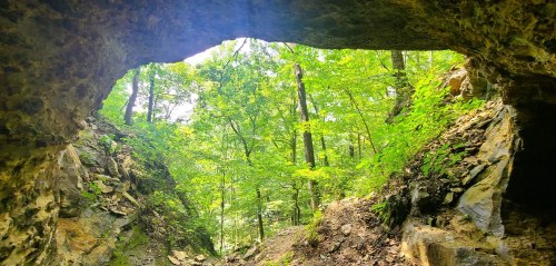 Large opening of a cave along a hidden gem hiking trail inside Hoosier National Forest, with a rugged landscape and views of a heavily wooded area.