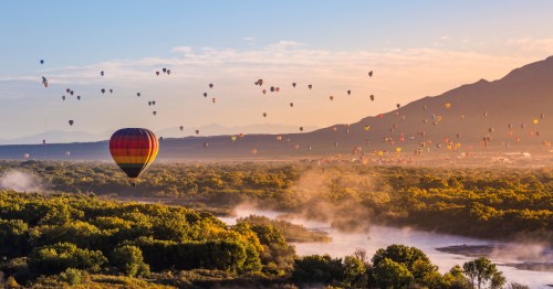 hot air balloons at dawn over the new mexico landscape