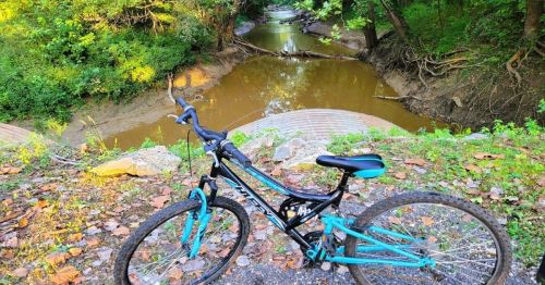 A black and turquoise bike next to a shallow creek surrounded by greenery, at Hamonie State Park, a little-known Indiana state park.