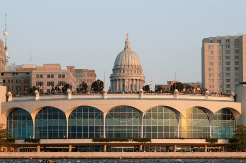 Monona Terrace with the Wisconsin State Capitol in the background