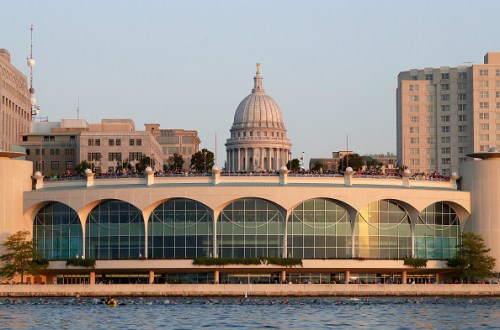 Monona Terrace with the Wisconsin State Capitol in the background