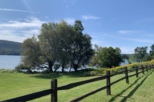 A wooden fence cuts over a manicured lawn of green grass with trees, a lake, and hills behind.