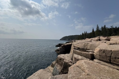 Sandy rocks stand above a blue ocean with pine trees and a blue sky.