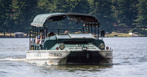 An Original Wisconsin Ducks boat floating along the Wisconsin River