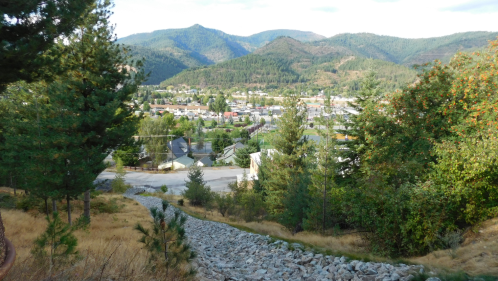 View of tiny mountain town in Idaho through evergreen trees.