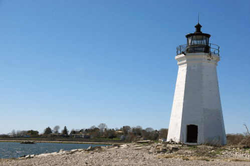 The exterior of Fayerweather Island Lighthouse near Seaside Park in Bridgeport, Connecticut.