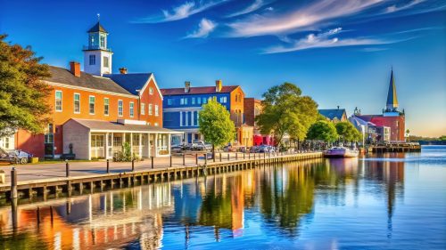 A captivating image of Edenton's lively waterfront scene, showing brick historic buildings and water under a blue summer sky.