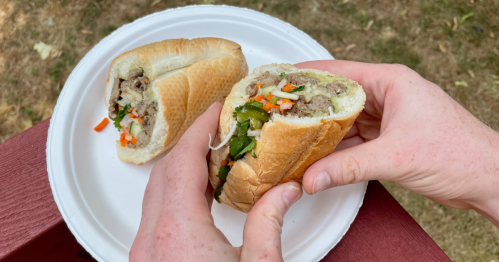 A man holds one half of a Bánh mì, served on a paper plate.
