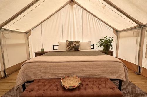 A king bed with an ottoman inside of a canvas glamping tent.