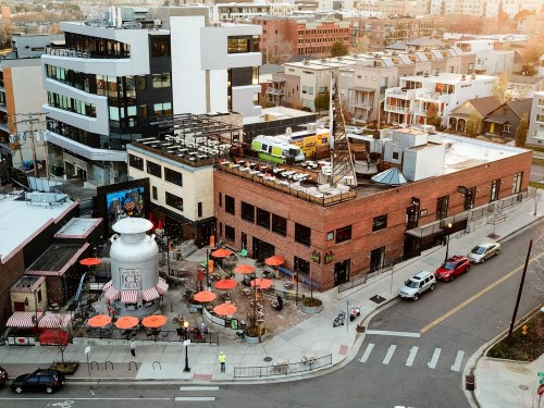 An aerial Shot of the big Little Man Ice Cream Can in LoHi