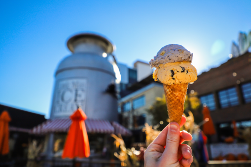 An ice cream cone with the milk can behind