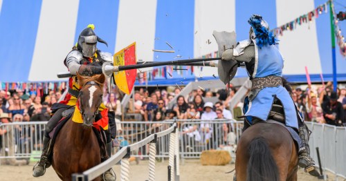 Two individuals on horses joust during a Washington summer festival.