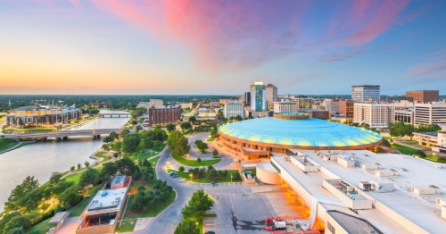 aerial view of Wichita, Kansas, at dusk