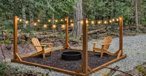 String lights hang over a campsite near Mount Rainier National pARK.
