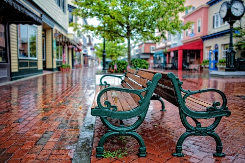 Benches in the rain in downtown Cape May, NJ