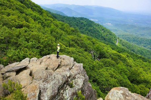 A hiker standing on a massive rock outcropping, surrounded by rolling hills with lush forests inside a Virginia park that feels like the Great Smoky Mountains.