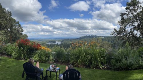 A wide expanse of forest and a lake sit below a blue sky with scattered clouds. Two women observe the view while sitting in chairs on a lawn next to flowers.