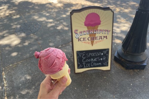 A hand holds a pink ice cream cone in front of a sign that reads, 'Serendipity Ice Cream: Espresso, Cookies, & Ice Cream.'