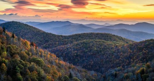 Sunset over the Blue Ridge Mountains.