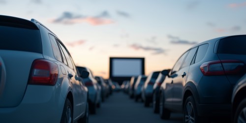 Close up of cars parked at a drive-in movie theater.