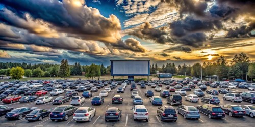 Cars parked at a drive-in movie theater