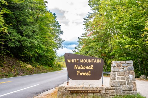 Entrance sign to the White Mountain National Forest in New Hampshire, USA. High quality photo