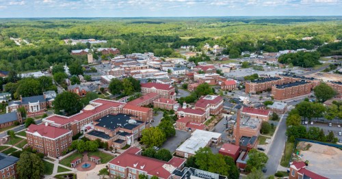 An aerial view of Longwood University Campus in Farmville, Virginia, on a summer day.