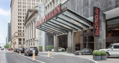 Hotel entrance exterior and street