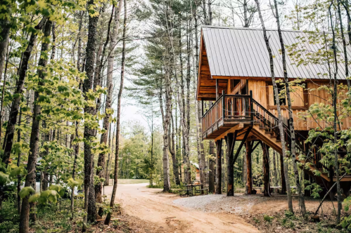 A daytime view of the exterior of the White Mountain Treehouse Getaway Airbnb property in Bartlett, New Hampshire. Mature trees surround the rustic treehouse.