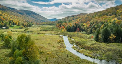 Views of the Ottaqueche River running through the verdant landscape of Green Mountain National Forest in Woodstock, Vermont during the fall