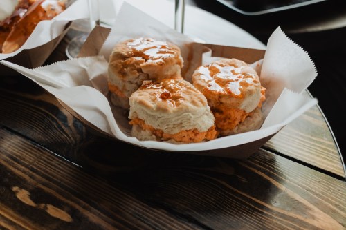 Basket of pimento cheese biscuits.