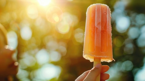 Hand holding a popsicle up to the sky in front of trees.