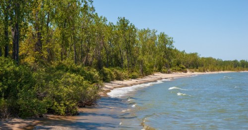 Waves lap at the beach at Presque Isle State Park