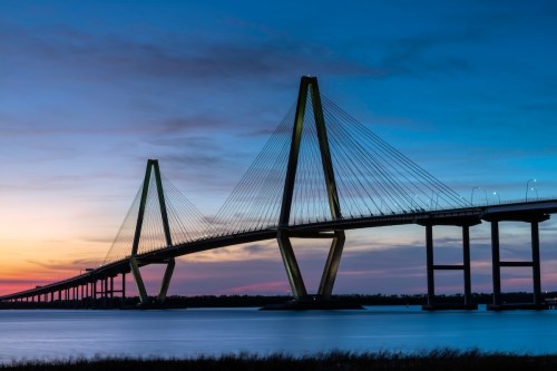 Sunset view of the Ravenel Bridge in Charleston, SC.