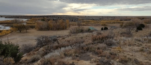 A panarama of the grassland around Cimarron National Grasslands at dusk. There are brown, green, and yellow shrubs in the landscape